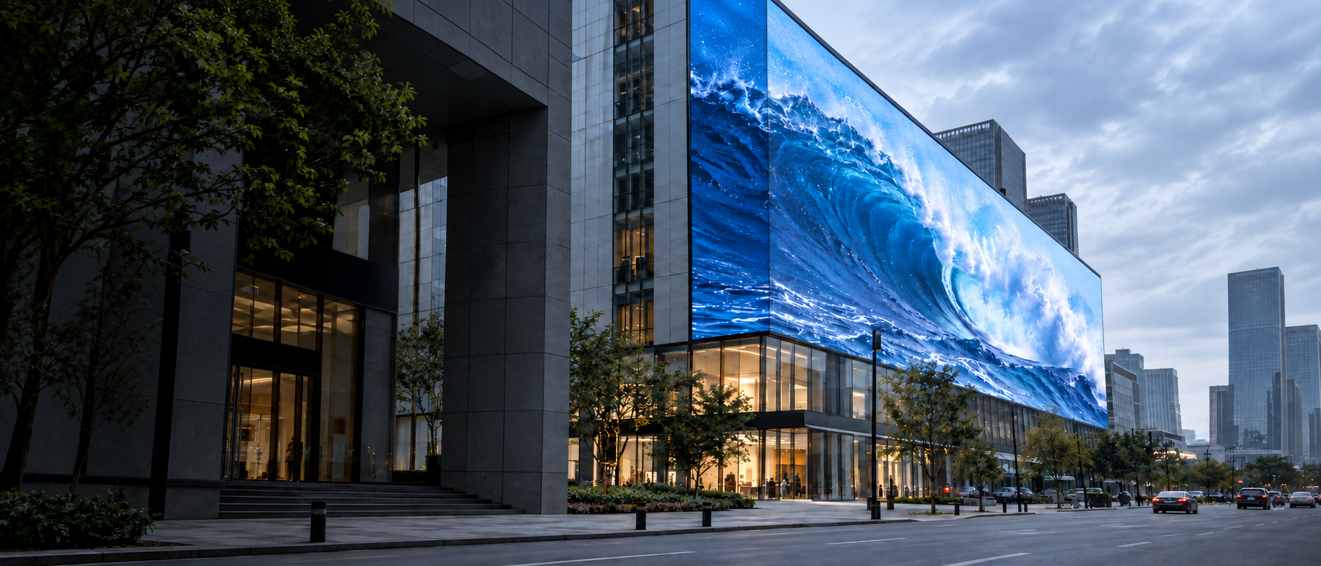 Large blue-wave LED display covering a building facade