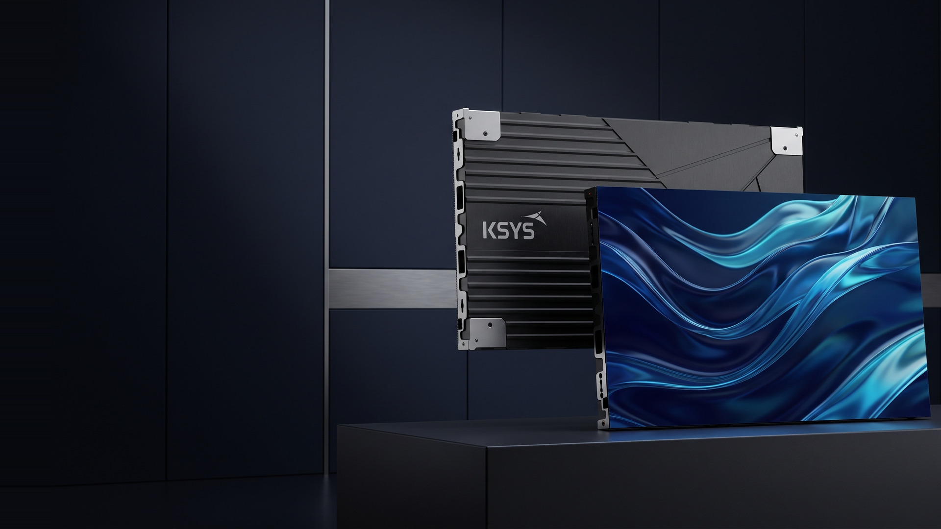 Front and rear KSYS LED cabinets with a refined blue display visual