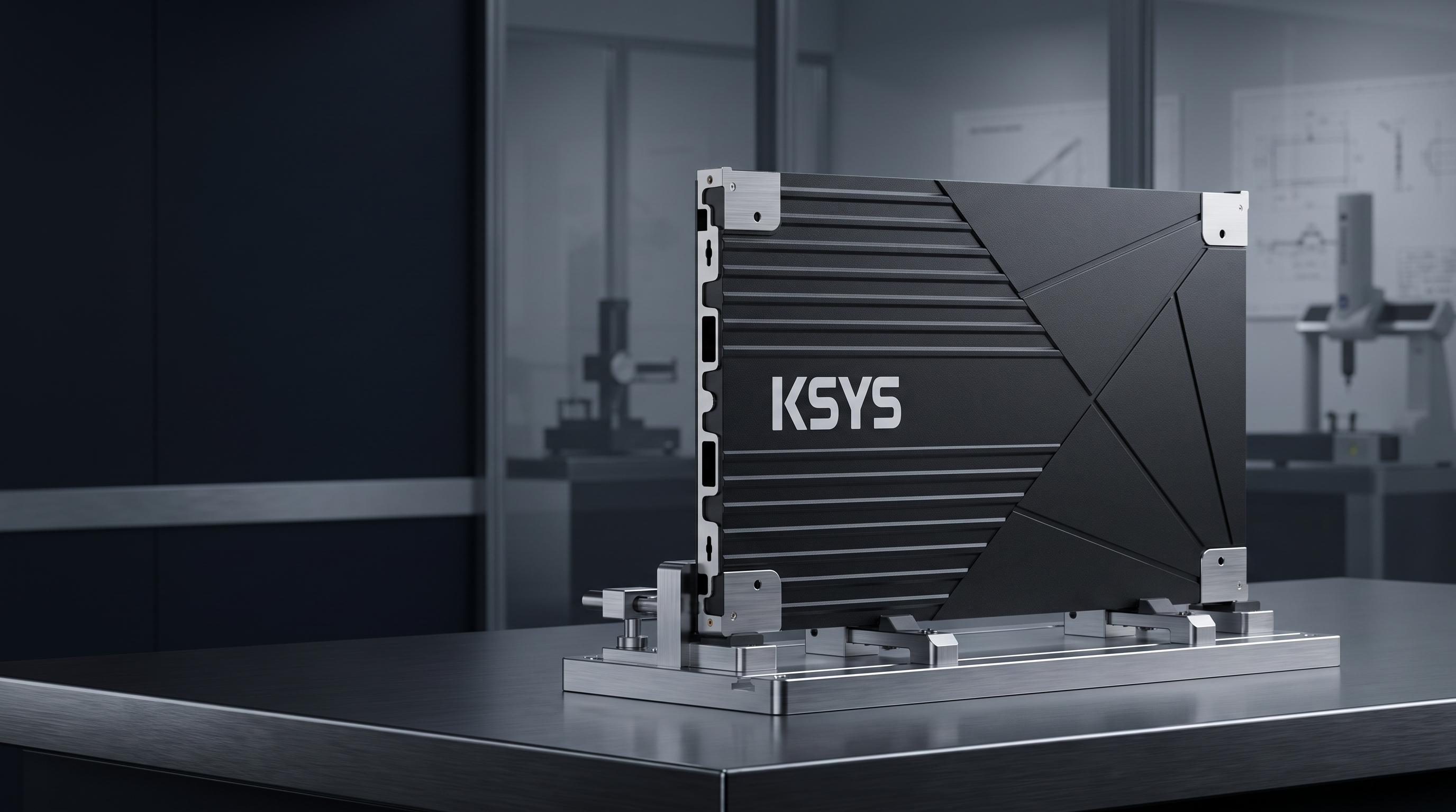 Rear KSYS LED cabinet with ribbed housing and left side connectors on an inspection fixture