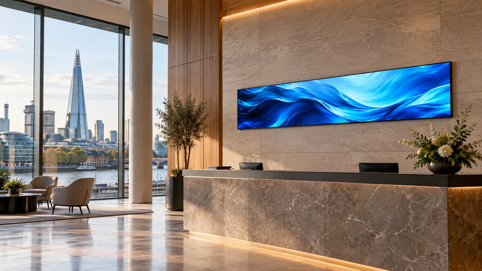 AI-generated SP series LED banner concept in a fictional London reception, with The Shard visible outside.