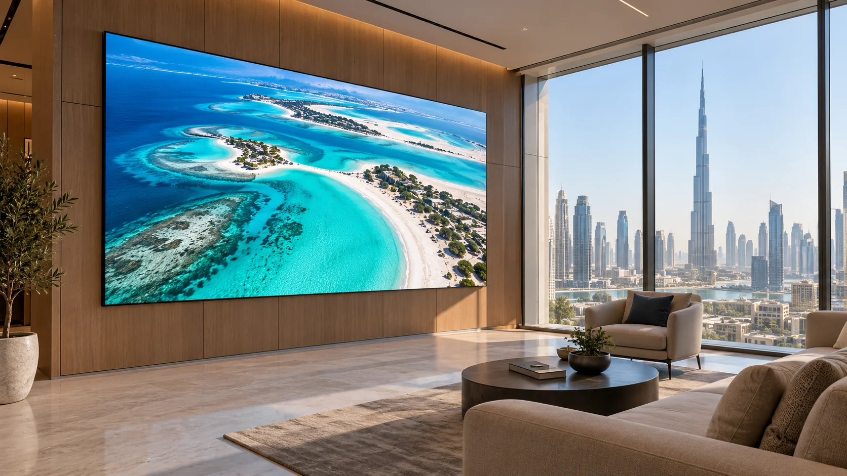 AI-generated EN series LED wall application concept in a fictional Dubai corporate lounge, with Burj Khalifa visible outside.