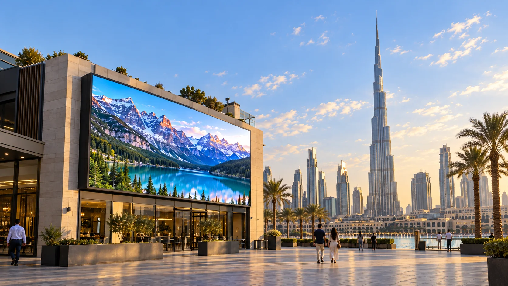 AI-generated EH series outdoor LED facade concept at a fictional Dubai commercial venue near Burj Khalifa.