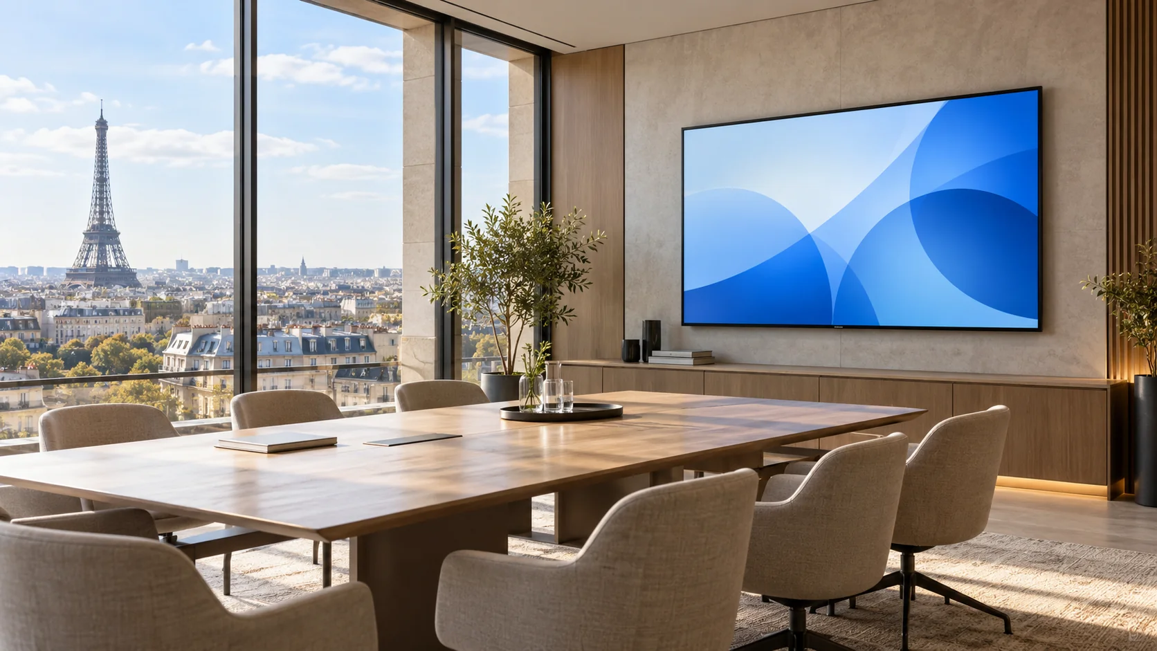 AI-generated meeting-space environment concept in Paris, with the Eiffel Tower visible outside. Smart Board model information is being prepared.