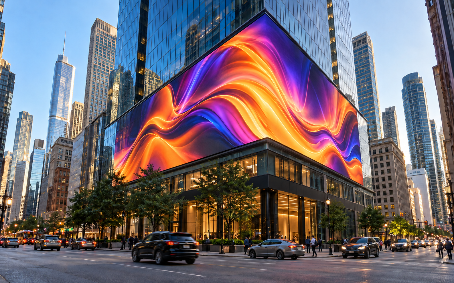 AI-generated EH series outdoor LED facade concept in a fictional New York cityscape, with a seamless corner display.